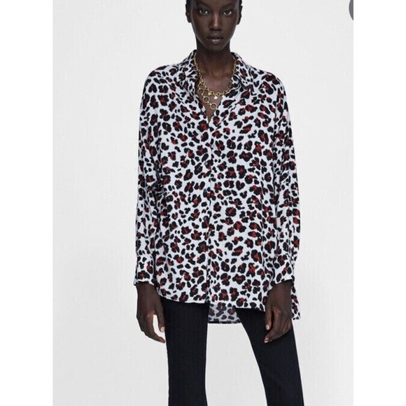 Zara Shirt Womens Small Red Black Leopard Print Oversized Flowy Tunic Top Baddie - Picture 1 of 7